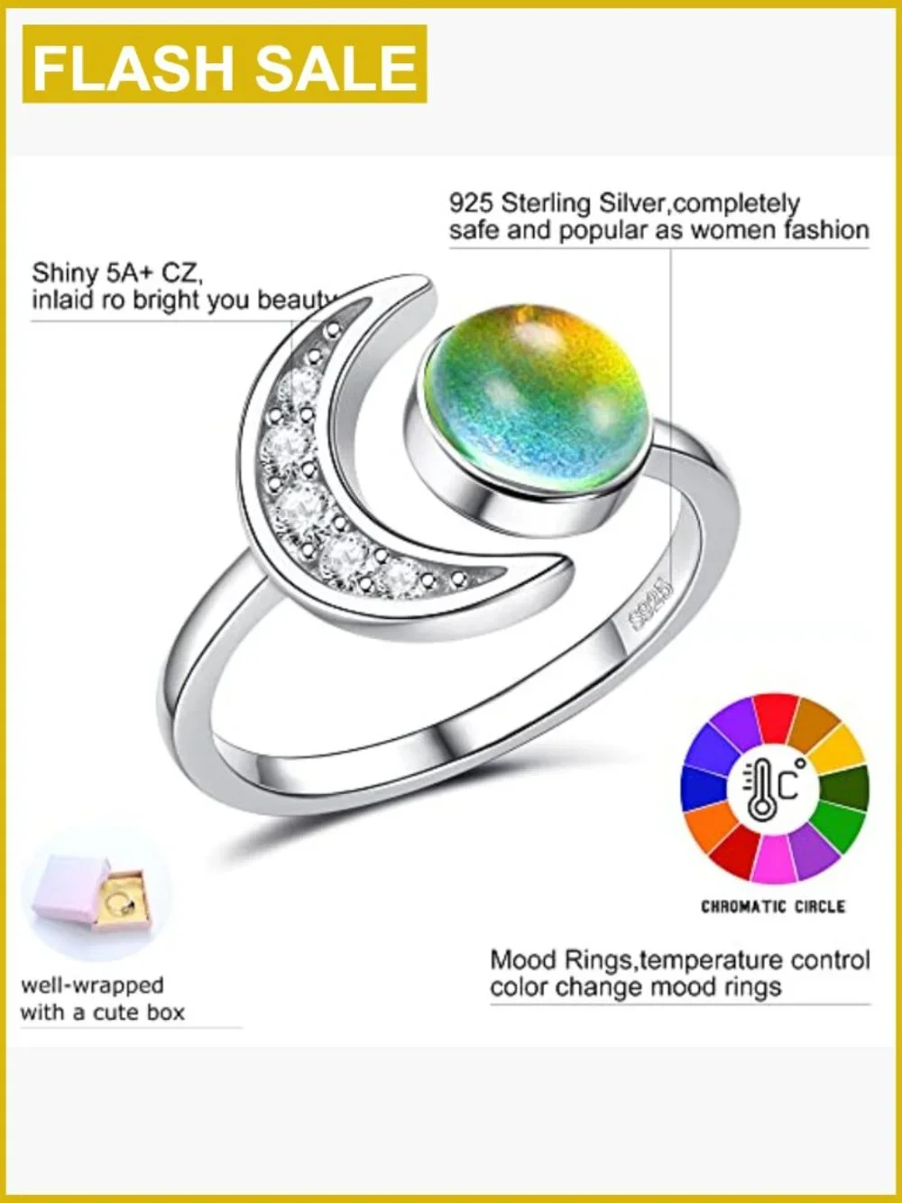Adjustable Sterling Silver Moon Star Mood Ring Statement Jewelry